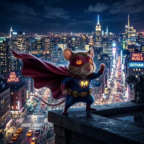 Superhero Mouse in City Skyline - Courageous Pose