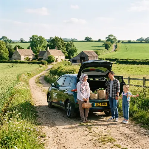 Diverse Group Using Eco-Friendly Car in Rural Scene
