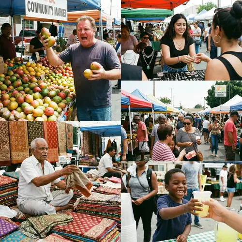 Multicultural Marketplace with Fresh Fruits, Handcrafted Jewelry, Textiles & Lemonade