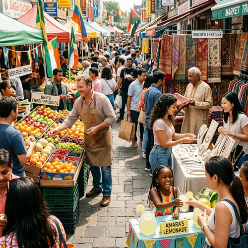 Multicultural Marketplace with Fresh Fruits, Handcrafted Jewellery & Textiles