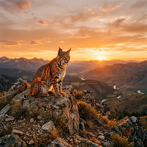 Colorful Bobcat Sitting on Rocky Hill at Sunset