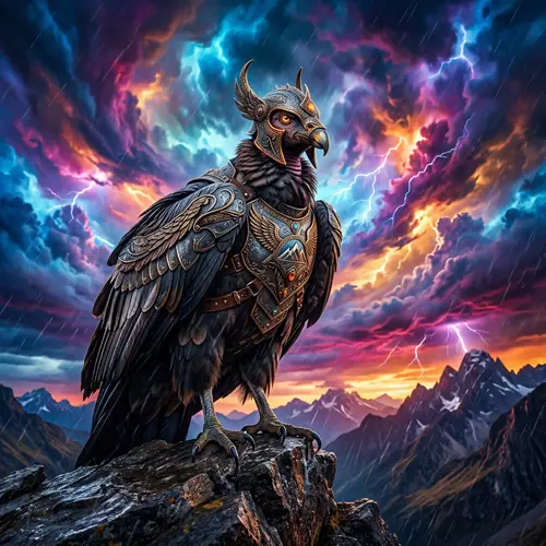 Majestic Condor in Grand Armor Against Colorful Storm
