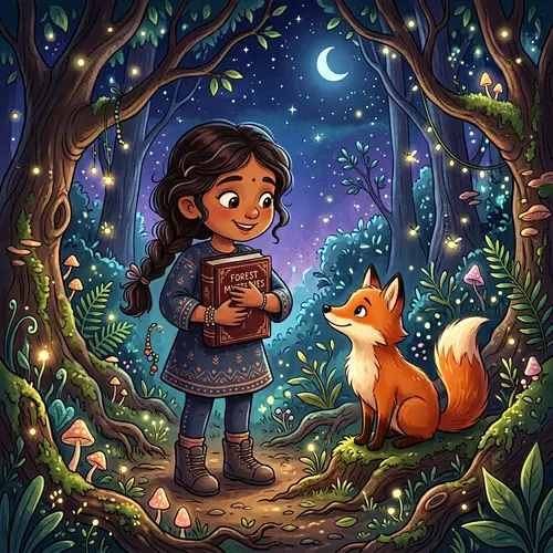 Cartoon Girl and Fox Encounter in Nighttime Forest