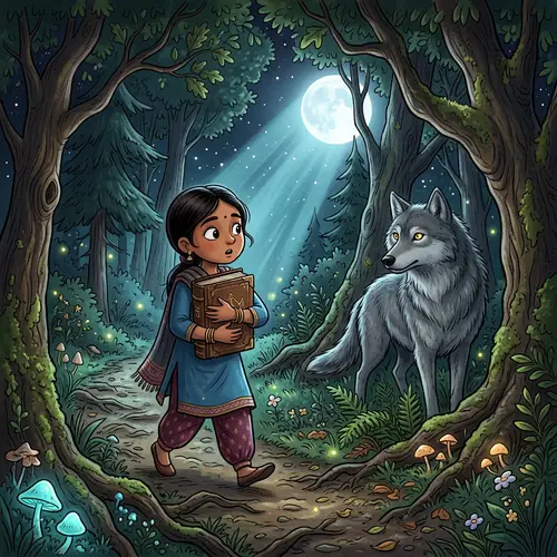 Girl Encounters Wolf in Nighttime Forest - Cartoon Style