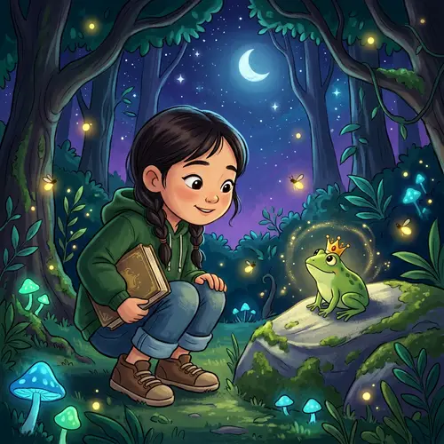 Asian Girl Discovers Frog Prince in Night Forest | Cartoon Scene