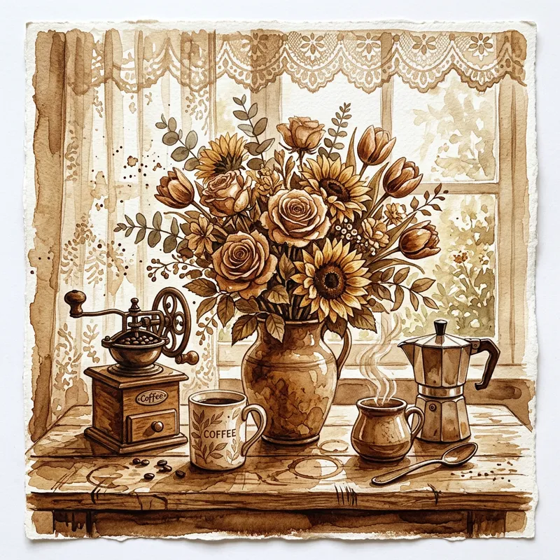 Coffee Painting: Blooming Flowers Artwork with Espresso Aroma