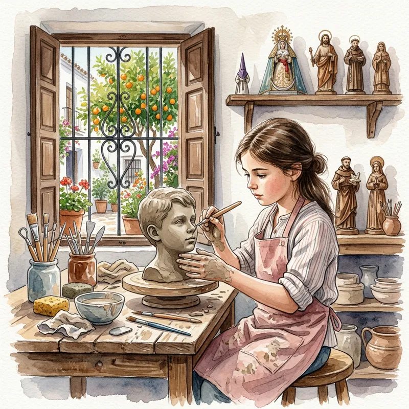 Andalusian Watercolor Scene: Girl Sculpting Clay Bust in Andalusia