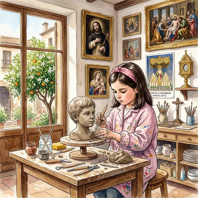 Watercolor Illustration of Young Girl Sculpting Clay Bust in Art Studio