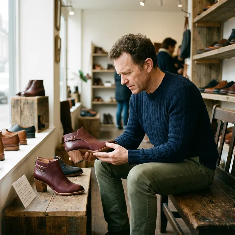 Man Named Bob Examining Female's Shoes Details Man Named Bob Examining Female's Shoes Details