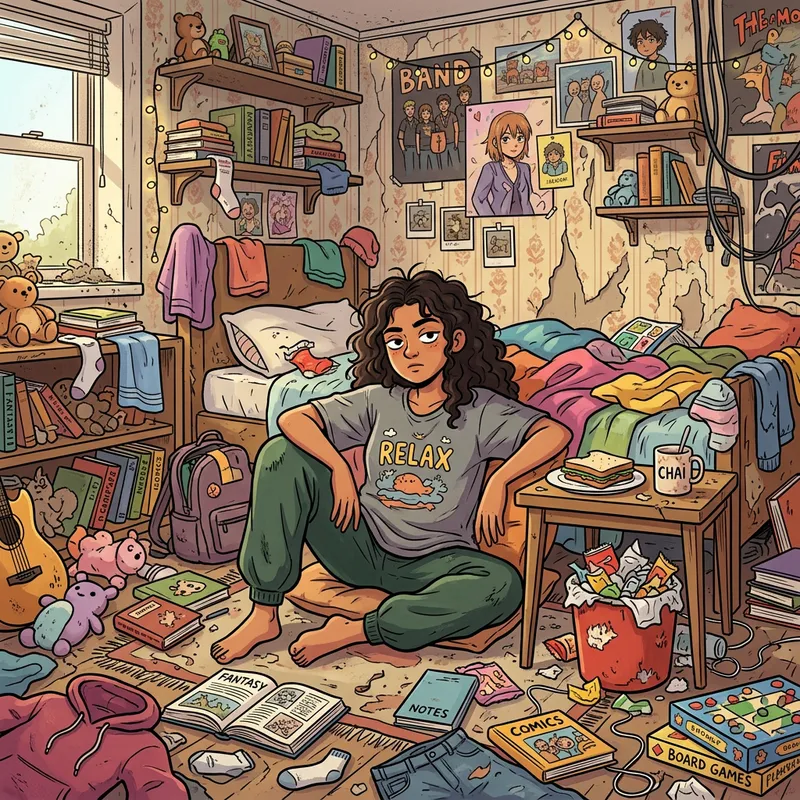 Cartoon of a Messy Room with a Lazy Teen Girl Cartoon of a Messy Room with a Lazy Teen Girl