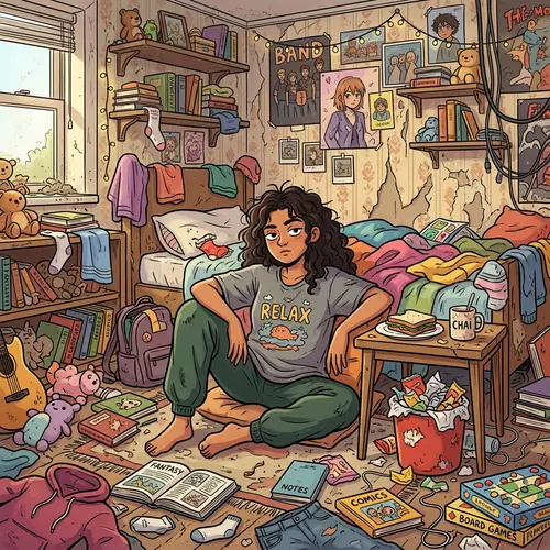 Cartoon of a Messy Room with a Lazy Teen Girl
