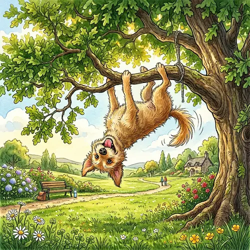 Whimsical Dog Hanging From Oak Tree | Adventure Illustration