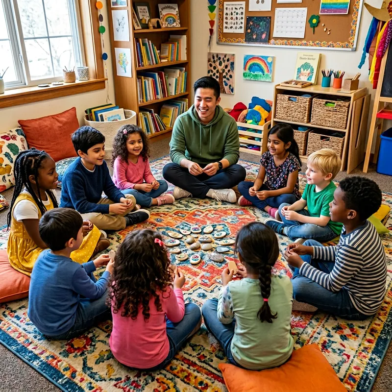 Group of 16 Kids Sitting in a Circle with a Monitor