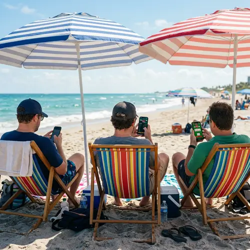 Morning Beach Gambling: Men on Mobile Phones