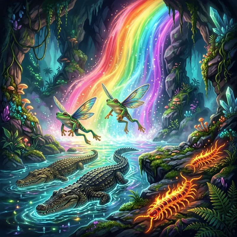 Enchanting Illustration: Ethereal Frogs Wings Gliding Under Rainbow Waterfalls