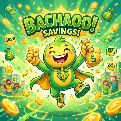 Cheerful Bachaoo Mascot Celebrating Savings