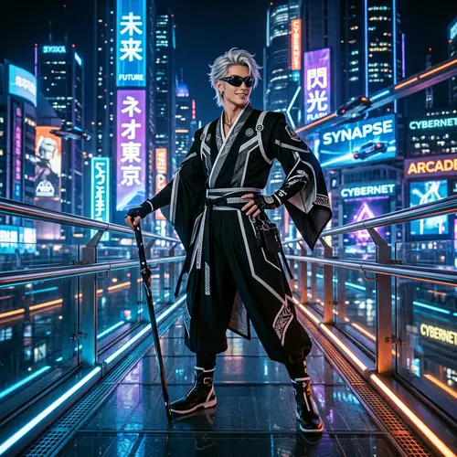 Stylish Silvery White-Haired Male in Modern Japanese Attire