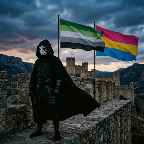 Mysterious Black Cloaked Figure with Anbu Mask | Aromantic & Pansexual Flags