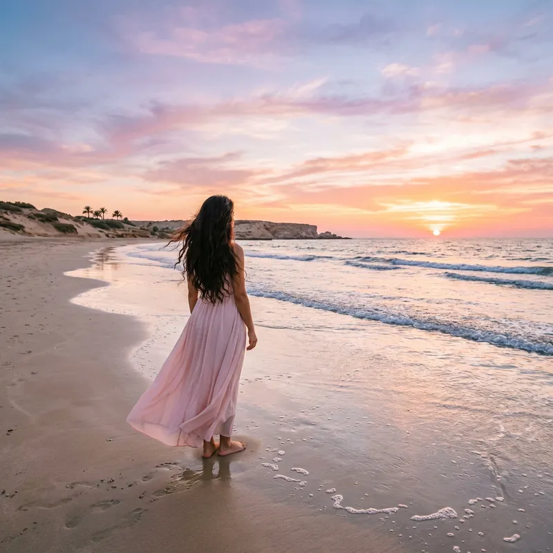 Vibrant Sunset Seascape with Middle-Eastern Woman
