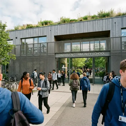 Modern School Building with Green Roofs and Courtyard