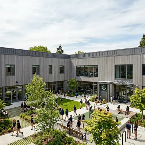 Modern Square-Shaped Schoolyard | Gray Wood Facade | 70m by 70m