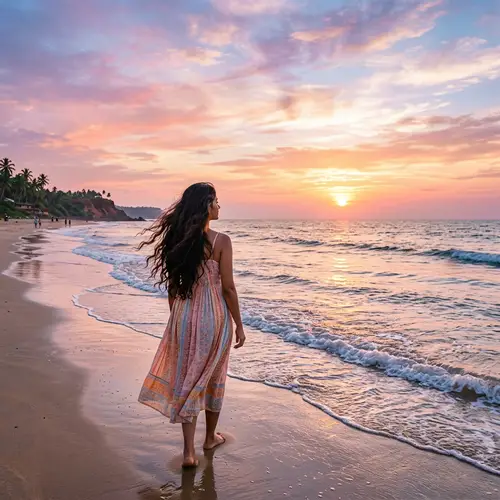 Serene South Asian Woman on Beach at Sunset | Seascape Inspiration
