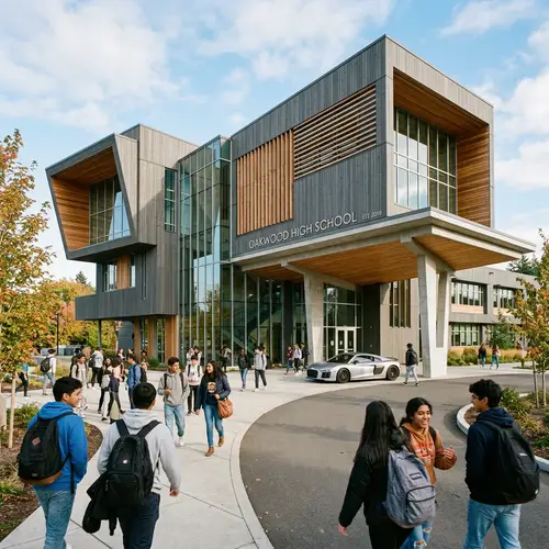 Modern School Structure with Luxury Car and Diverse Students