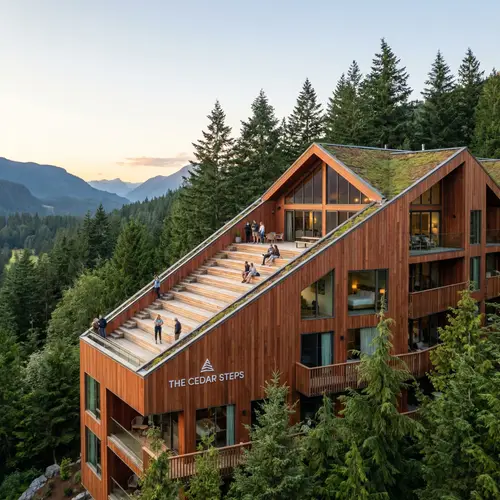 Modern Cedar Wooden Hotel Residence with Stepped Gable Roof
