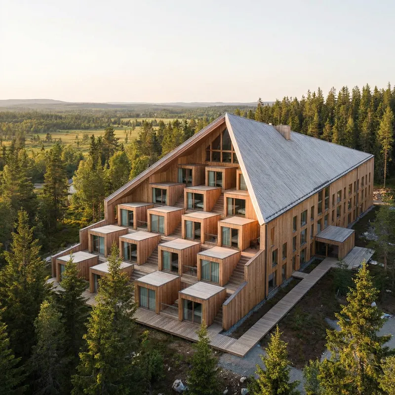 Modern Red Cedar Hotel Residence with Tiered Gable Roof and Pine Trees
