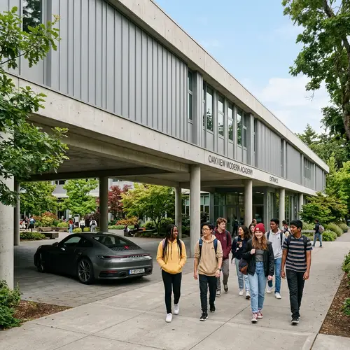Diverse Teenagers Approaching Minimalist School Building