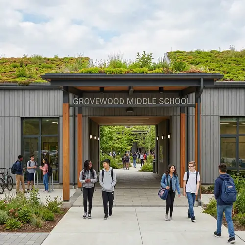 Middle School Entrance | Students Arriving at Porch