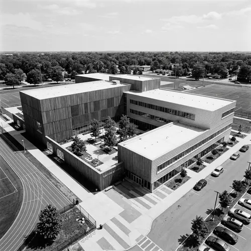 Minimalist School Building: Gray Wood and Metal Facades