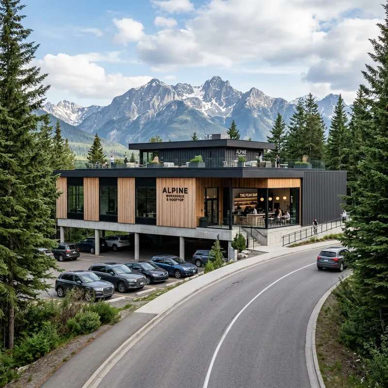 Minimalist Office Building with Rooftop Bar and Nature Views Minimalist Office Building with Rooftop Bar and Nature Views