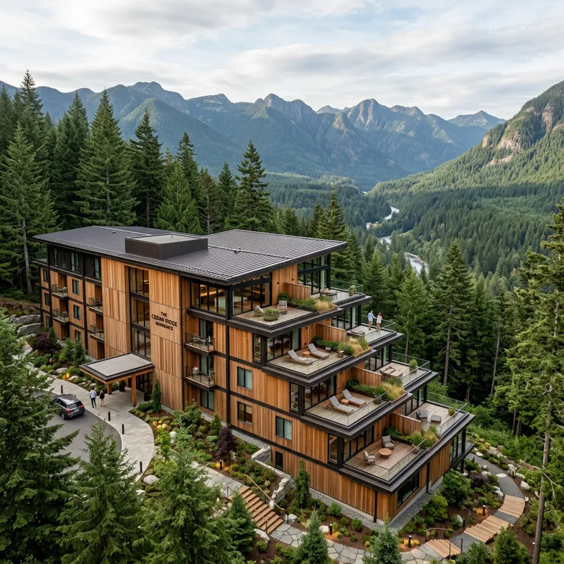 Modern Cedarwood Hotel Residence with Stepped Roof and Fir Trees in Beautiful Landscape