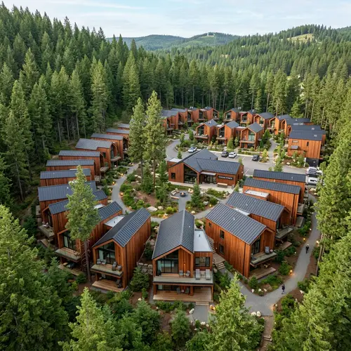 Modern Red Cedar Residential Hotel with Dual-Pitched Roofs