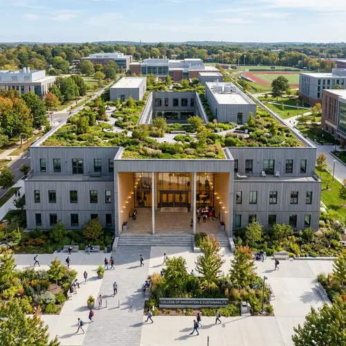 Contemporary College Structure with Green Rooftop Gardens