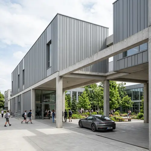 Minimalist School with Gray Cladding and Concrete Facade