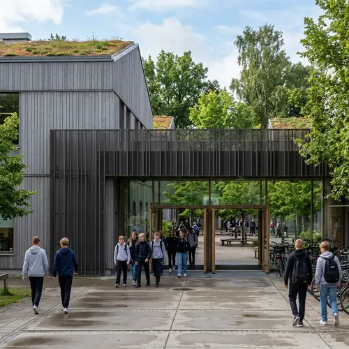 Urban High School Entrance with Green Roofs