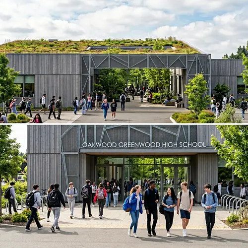 Modern School Building with Green Roofs | High School Entrance Scene