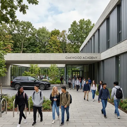 Modern School Architecture with Diverse Students Arriving