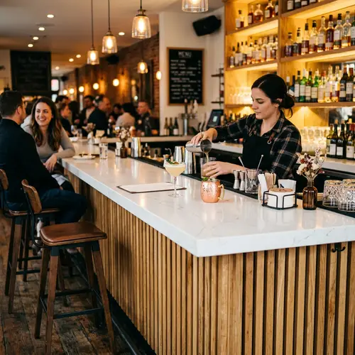 Wooden Slat Bar Counter with White Stone Countertop