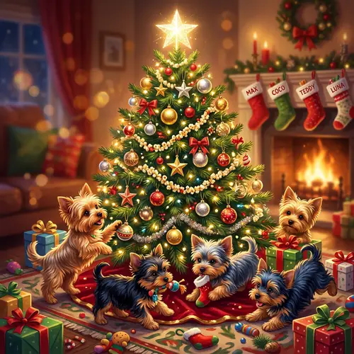 Adorable Yorkshire Terrier Puppies Play Around Christmas Tree