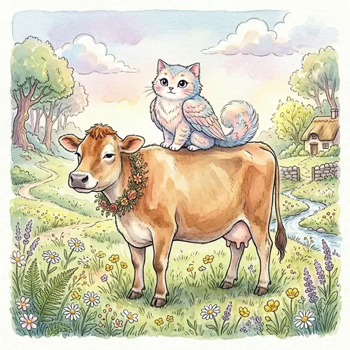 Whimsical Cat Owl Perched on Cow - Enchanting Illustration