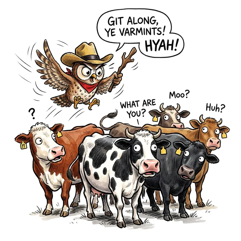 Funny Owl Herding Cattle in Comic Style