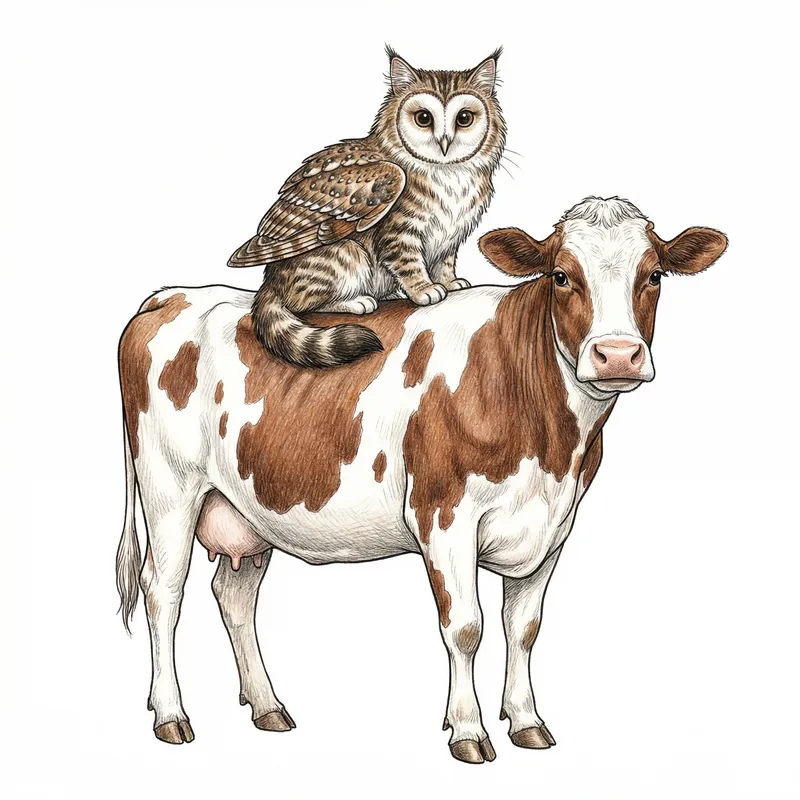 Unique Fusion Creature Art: Cat Owl on Cow
