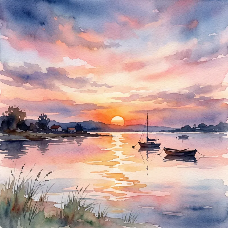Tranquil Sunset Watercolor Painting