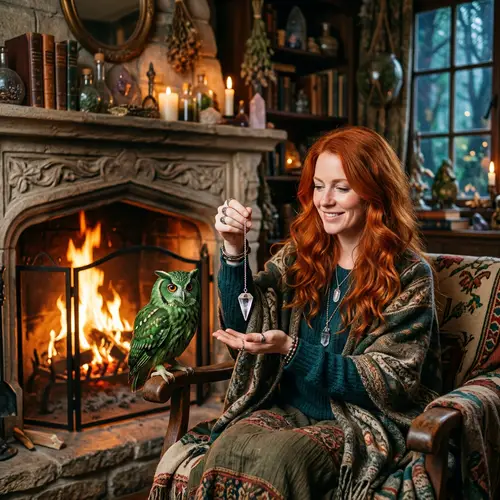 Red-Haired Woman with Crystal Pendulum and Green Owl in Fantastical Setting