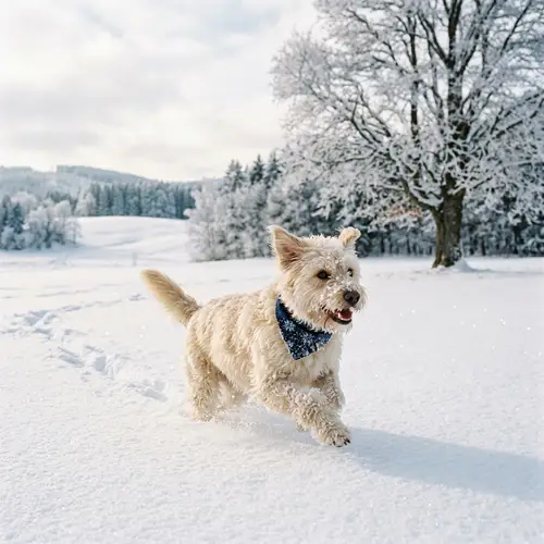 Adorable Dog Prancing in Fresh Snow | Winter Scene Image