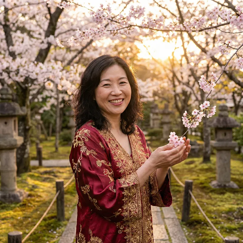 Radiant Asian Woman in Red and Gold Dress