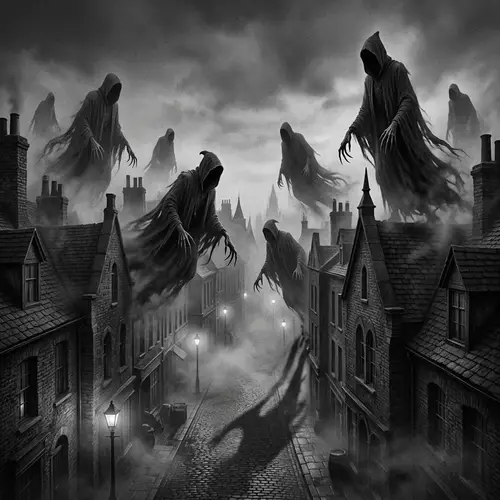 Eerie Cityscape with Shadowy Figures | Dreadful Fantasy Creatures